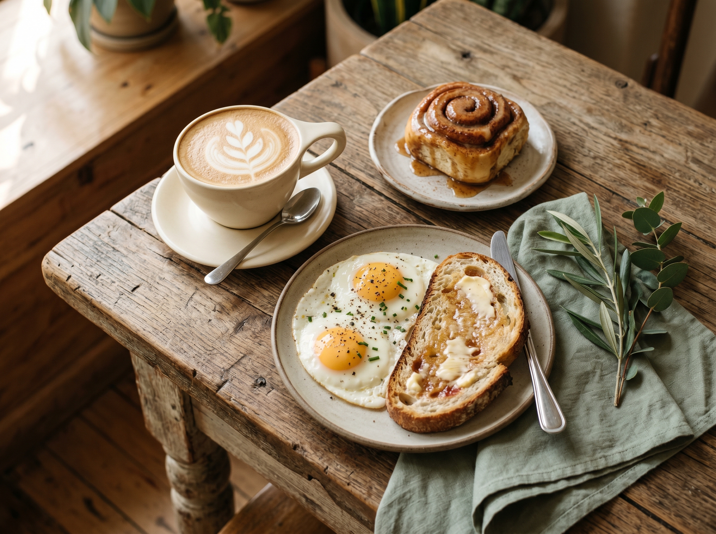 A homemade latte, breakfast plate, and a fresh cinnamon roll on a cafe table